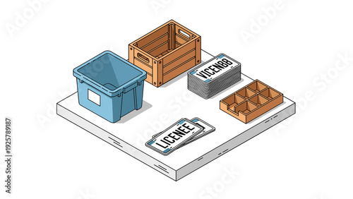 Isometric storage containers and license plates on display shelf