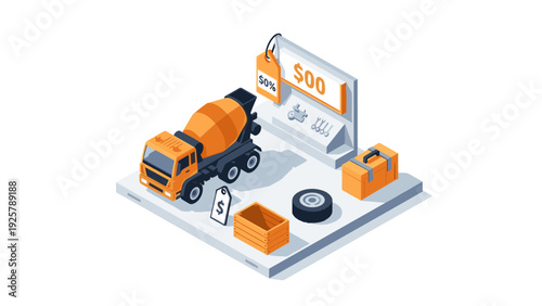 Construction equipment sale isometric design with cement truck, toolbox, and discount sign