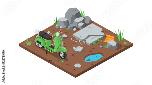 Isometric green scooter with rocks and grass on dirt patch