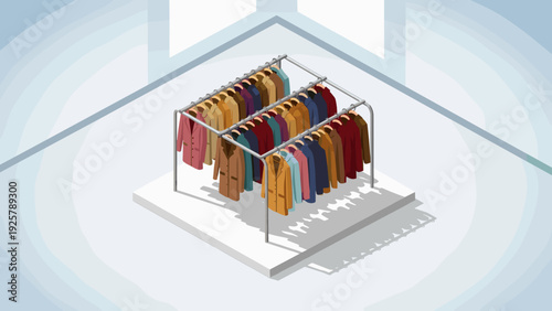 Isometric clothing rack with colorful jackets in modern boutique interior