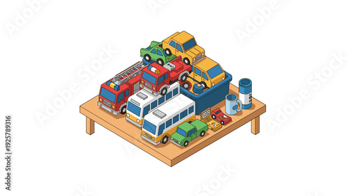 Colorful isometric toy vehicles on wooden shelf with buses and cars