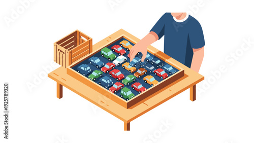 Isometric toy car display on wooden table with child's hand in action