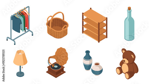 Isometric collection featuring vintage furniture, decor, and accessories for home design inspiration