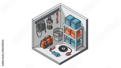 Organized garage corner with tools and storage in isometric view