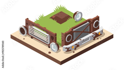 Isometric garden with vintage car parts corner design