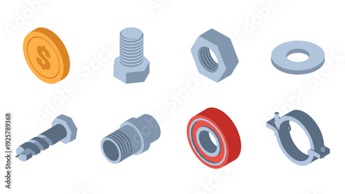 Isometric mechanical parts collection: nuts, bolts, bearings, and more in 3d detail
