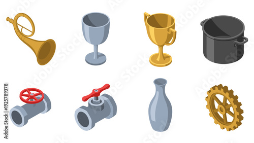 Colorful isometric icons of musical instruments, trophies, and industrial objects