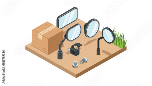 Isometric car mirrors and parts on wooden platform with box and grass