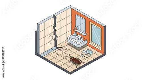 Isometric bathroom with tile crack, sink, and cockroach
