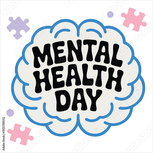 Mental Health awareness lettering with decorated brain for promotional materials and wellness campaign designs