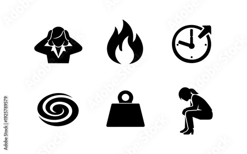Collection of icons representing stress, pressure, and mental health challenges
