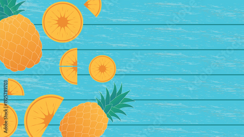 Tropical pineapple and orange summer background on bright blue wooden texture design