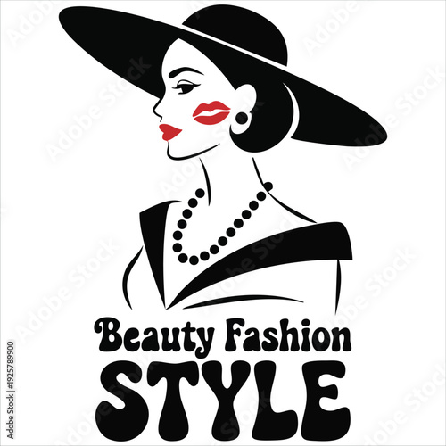 Fashion retro lady in hat with red lips and necklace simple flat illustration for beauty and style concepts