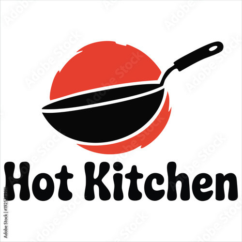Red background wok frying pan icon for stir fry cooking and Asian kitchen utensil design elements