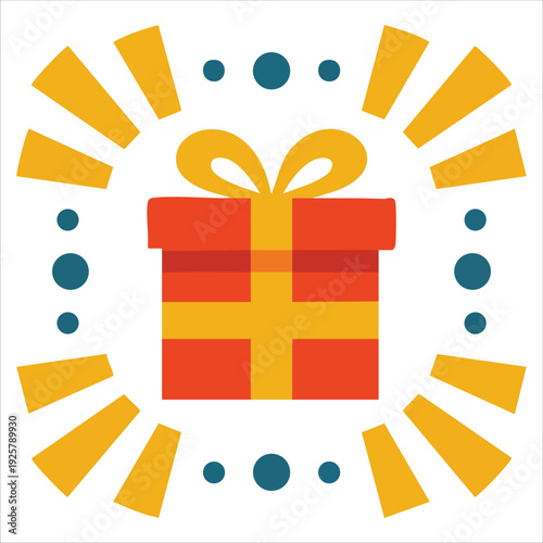 Rectangular gift box icon in flat style with shining present and bow for celebration and surprise designs