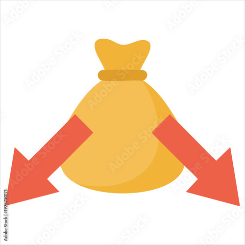 Economic recession icon with money sack and red arrow for financial business and inflation concepts