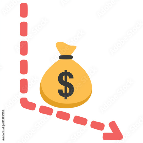 Recession symbol with money bag and red arrow for business downturn and inflation illustration concepts
