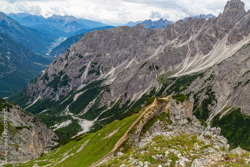 Tre Cime di Lavaredo view. Dolomites mountains landscape. Italy