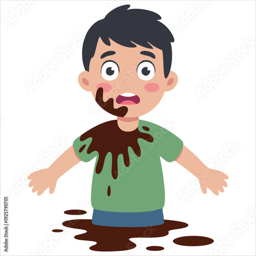 Sad dirty boy flat vector color illustration of unhappy toddler in mud for child behavior concepts