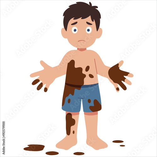 Untidy dirty boy in mud flat vector for bad child behavior and messy toddler concepts