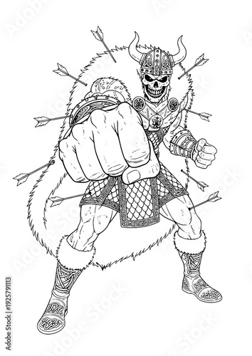 Dark Viking Skull Warrior Punching Forward – Norse Fantasy Line Art Vector