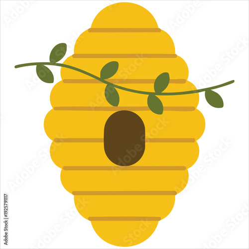 Hanging bee hive on tree branch with leaves for nature and apiculture designs