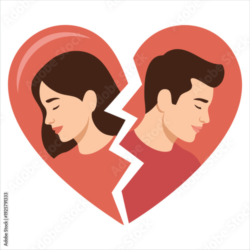 Heart with two people inside broken for heartbreak and couple fight concepts