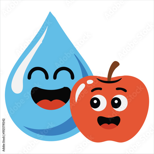 Red apple and blue water drop cartoon for nutrition and hydration concepts