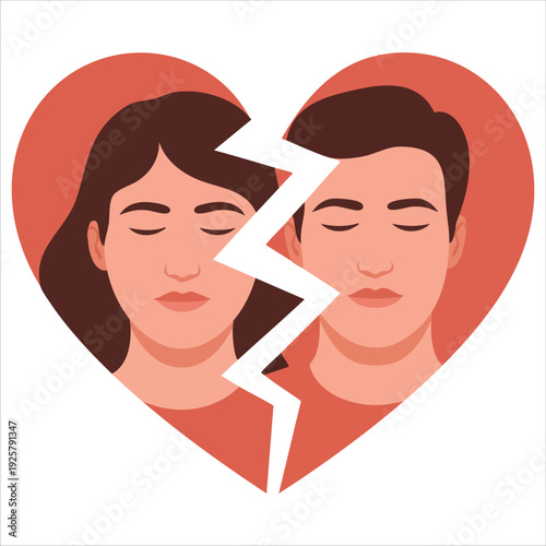Broken heart illustration with couple for divorce and relationship breakup designs