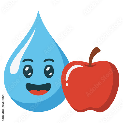 Smiling apple and water drop characters for healthy eating and hydration designs
