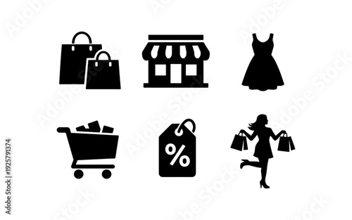 Collection of black shopping icons representing retail, fashion, and consumerism