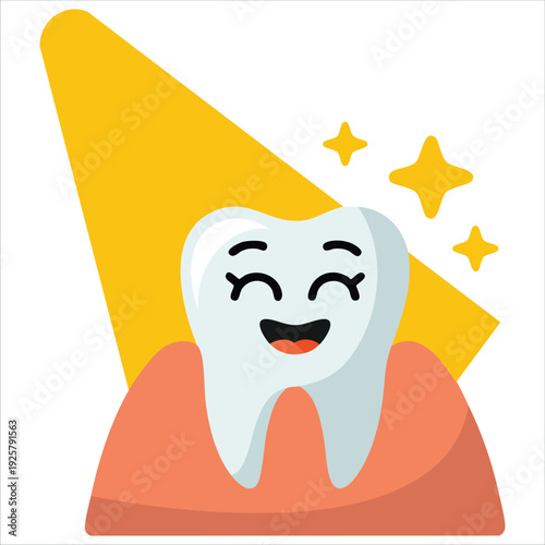 Happy cartoon tooth with sparkling clean appearance for dental care concepts
