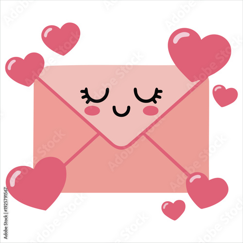 Pink envelope with animated face and hearts for love and affection concepts