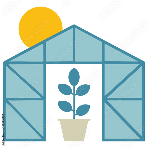 Greenhouse with plant sprout and sun for cultivation and agriculture concepts