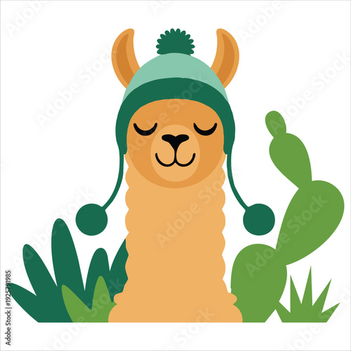 Llama in traditional Bolivian hat with cactus for Andean culture concepts