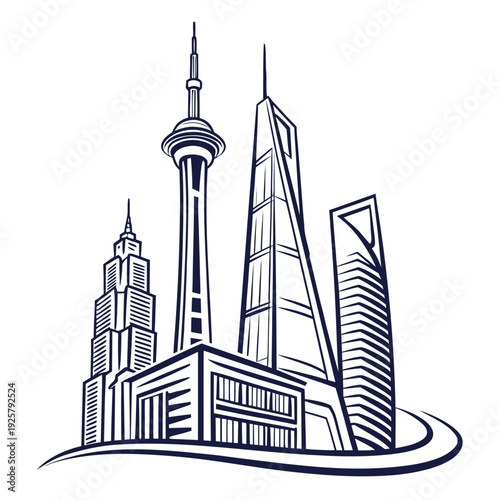 A city skyline with tall buildings and towers
