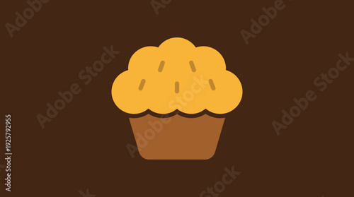 Illustration of a cupcake with yellow vanilla frosting in a brown wrapper against a warm brown background, a cute dessert for baking, party, cafe, and stock imagery