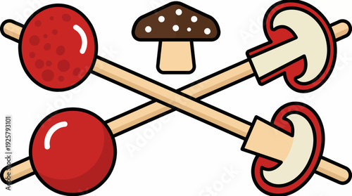 Crossed kebab skewers with grilled meatballs and mushrooms on a barbecue grill, a tasty outdoor appetizer scene.