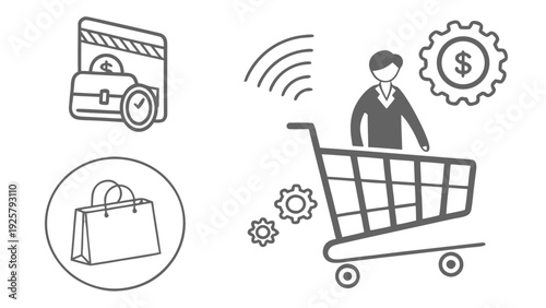 Businessman with shopping cart and e-commerce icons for online shopping and finance