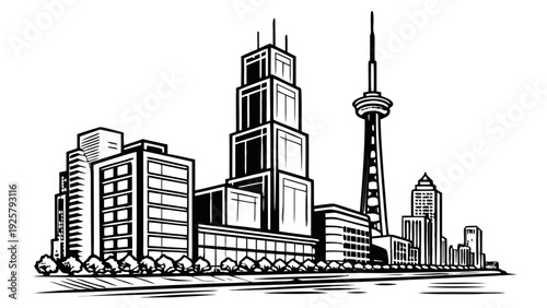 Modern cityscape with iconic skyscrapers and tower