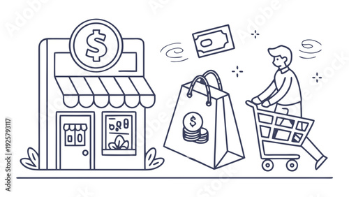 Man shopping with money and shopping cart near store