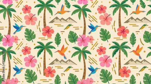 Vibrant tropical pattern with palm trees, hibiscus flowers, and exotic birds for seamless fabric design, beachwear, decor, and resort-inspired textiles.