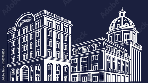 Modern cityscape with iconic buildings and dome shaped tower