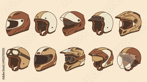 A series of vintage brown and tan motorcycle helmets with visors in different styles.
