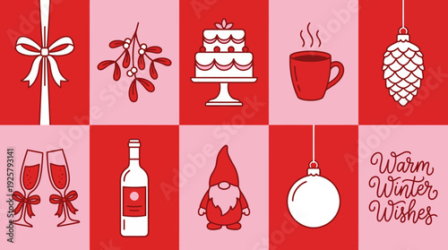 Festive Christmas collage with gifts, cake, drinks, ornaments and winter wishes in red tiled pattern