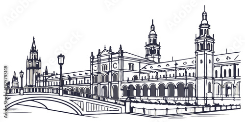 Stunning Gothic Revival architecture building with bridge and towers