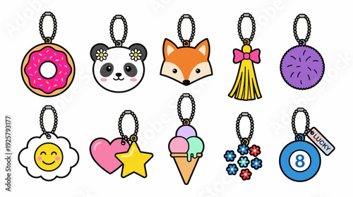 Set of cute enamel charms and pendants for bracelets and keychains, featuring a donut, panda, fox, tassel, beads, smiley, heart with star, floral charms, and a blue 8 charm.
