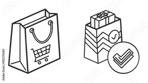 Shopping bag and gift box with approval checkmark icon