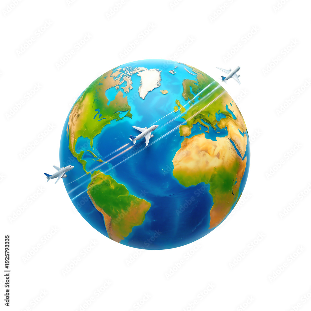 Naklejka premium Three airplanes flying around Earth with contrails — global air travel, connectivity and international transport concept, isolated on white