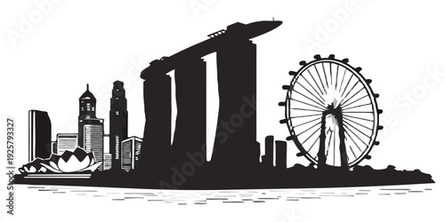 Modern Singapore skyline with Marina Bay Sands and Ferris wheel